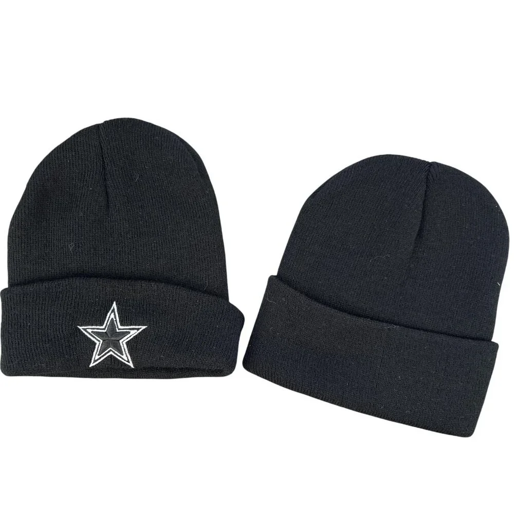2 Mens Knit Caps 1 Star Embroidered 1 Solid Black Beanie Cuffed Winter Football